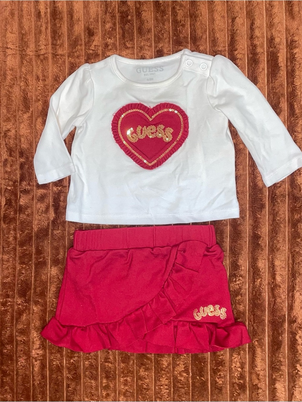 Guess White Top and Pink Heart Skirt Set